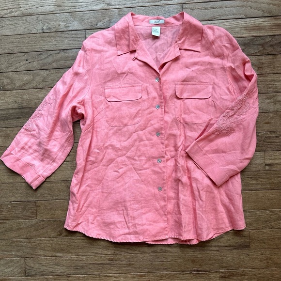 Edward Tops - Edward Button Up Shirt Womens Large Embroidered Beaded 100% Linen Pink Vintage